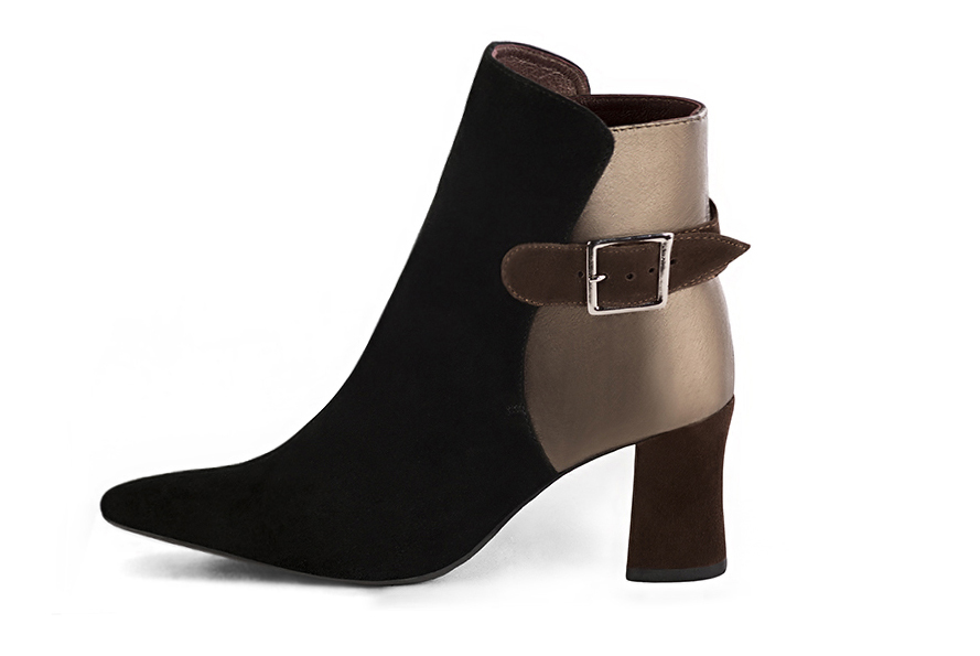 Matt black, bronze gold and dark brown women's ankle boots with buckles at the back. Tapered toe. Medium flare heels. Profile view - Florence KOOIJMAN